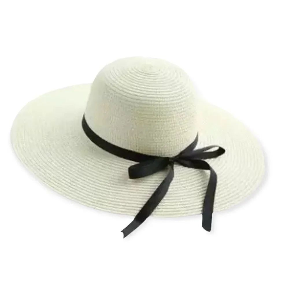 Floppy Wide Brim Off-White Straw Sun Hat w/ Black Ribbon – UPF 50+ NWT